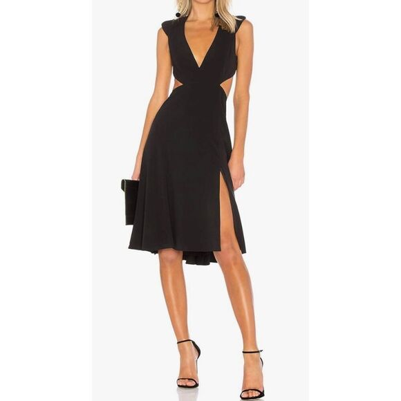 Halston Heritage Black Cut Out Women's‎ Cap Sleeve V Neck Flowy Skirt size 8 - Picture 2 of 15